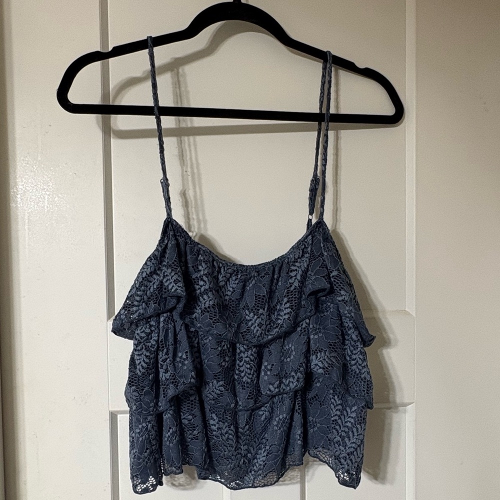 Altar’d State Lace Ruffle Spaghetti Strap Tank Top - Dark Blue